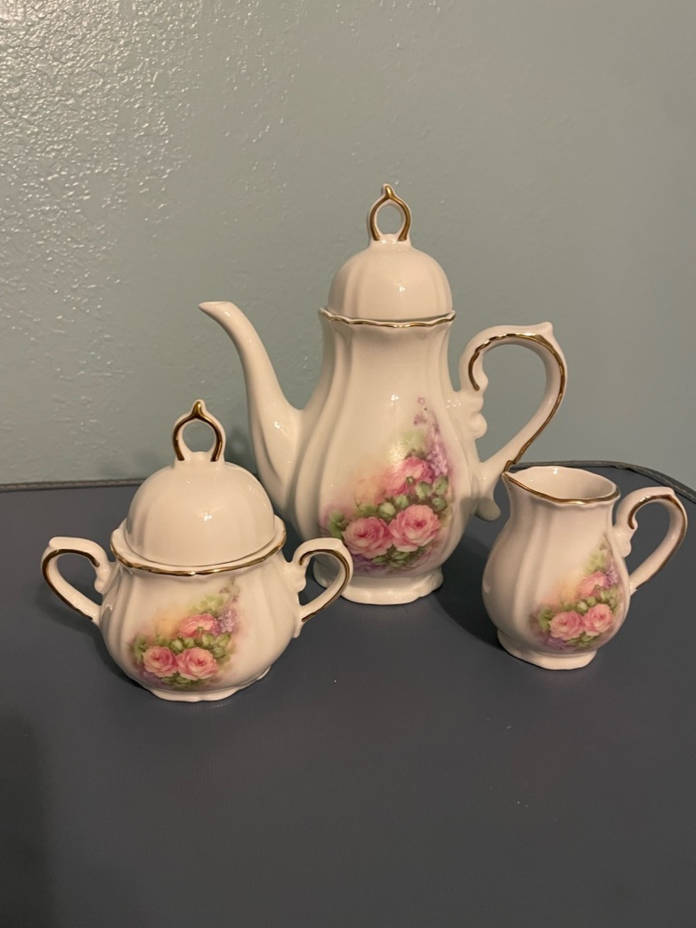 Vintage Porcelain Tea Set with Pink Rose Pattern and Gold Trim